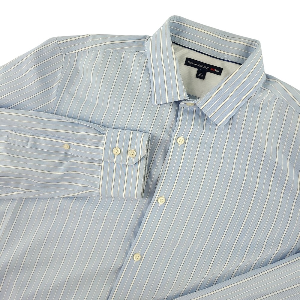 Banana Republic Dress Shirt Mens L Blue Stripe Regular Fit Cotton Mad Men